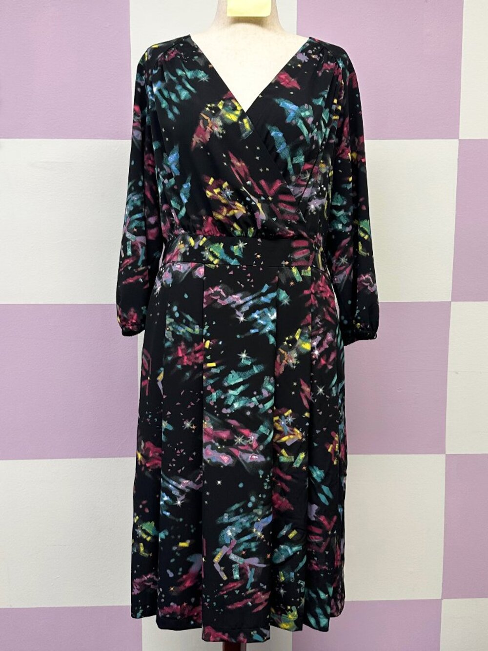 MELISSA MCCARTHY Seven7 Midi Surplice Dress in Black Confetti Print 1X 18/20
